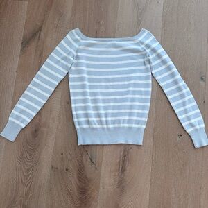 Brandy Melville Off-Shoulder Striped Sweater - Light Gray and White